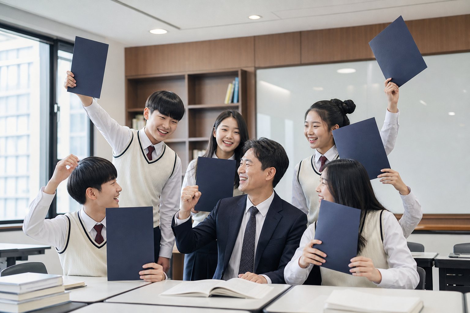 학업 성취를 함께 축하하는 학생들과 선생님